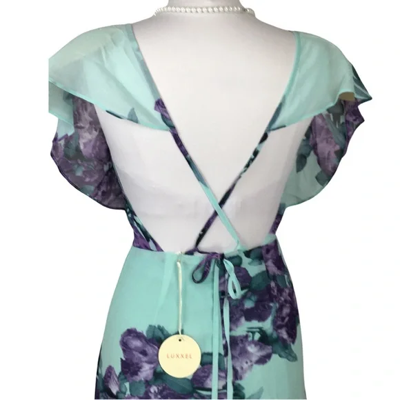 Luxxel Turquoise Lavender Fields Surplice Neckline Open Back Maxi Dress sz Small - Picture 13 of 16